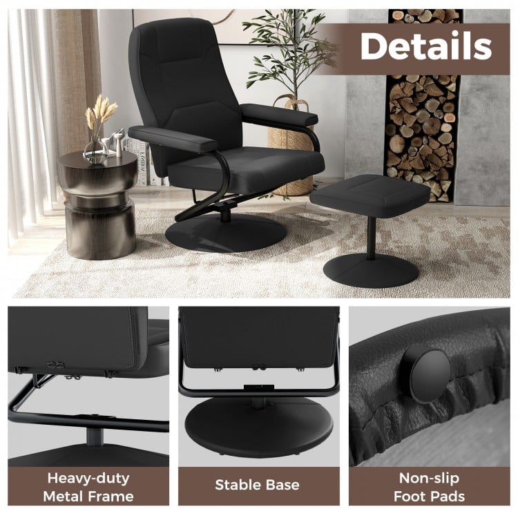 Black swivel lounge chair recliner with ottoman, featuring eco-friendly leather and a heavy-duty metal frame.